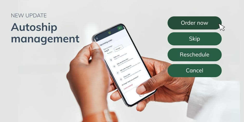 Fullscript launch banner for Autoship management: a hand holds a phone showing the mobile portal beside order now, skip, reschedule, and cancel buttons