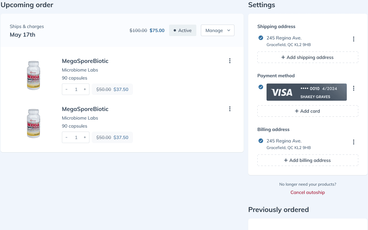 Manage Autoship portal with an upcoming order, quantity controls, discounted pricing, and shipping and payment settings