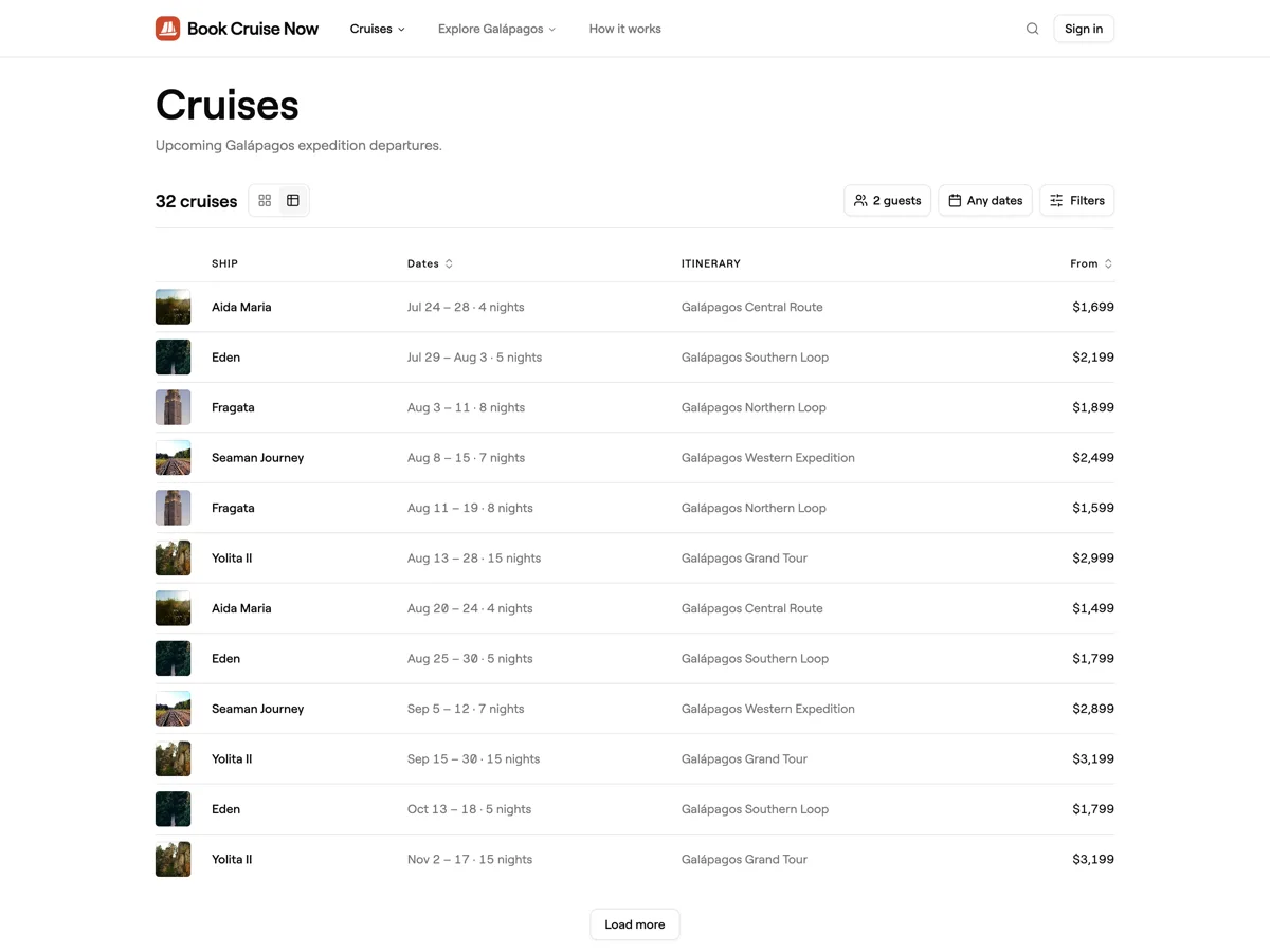 The public marketplace: a table of Galápagos cruise departures with ship, dates, itinerary, and starting price