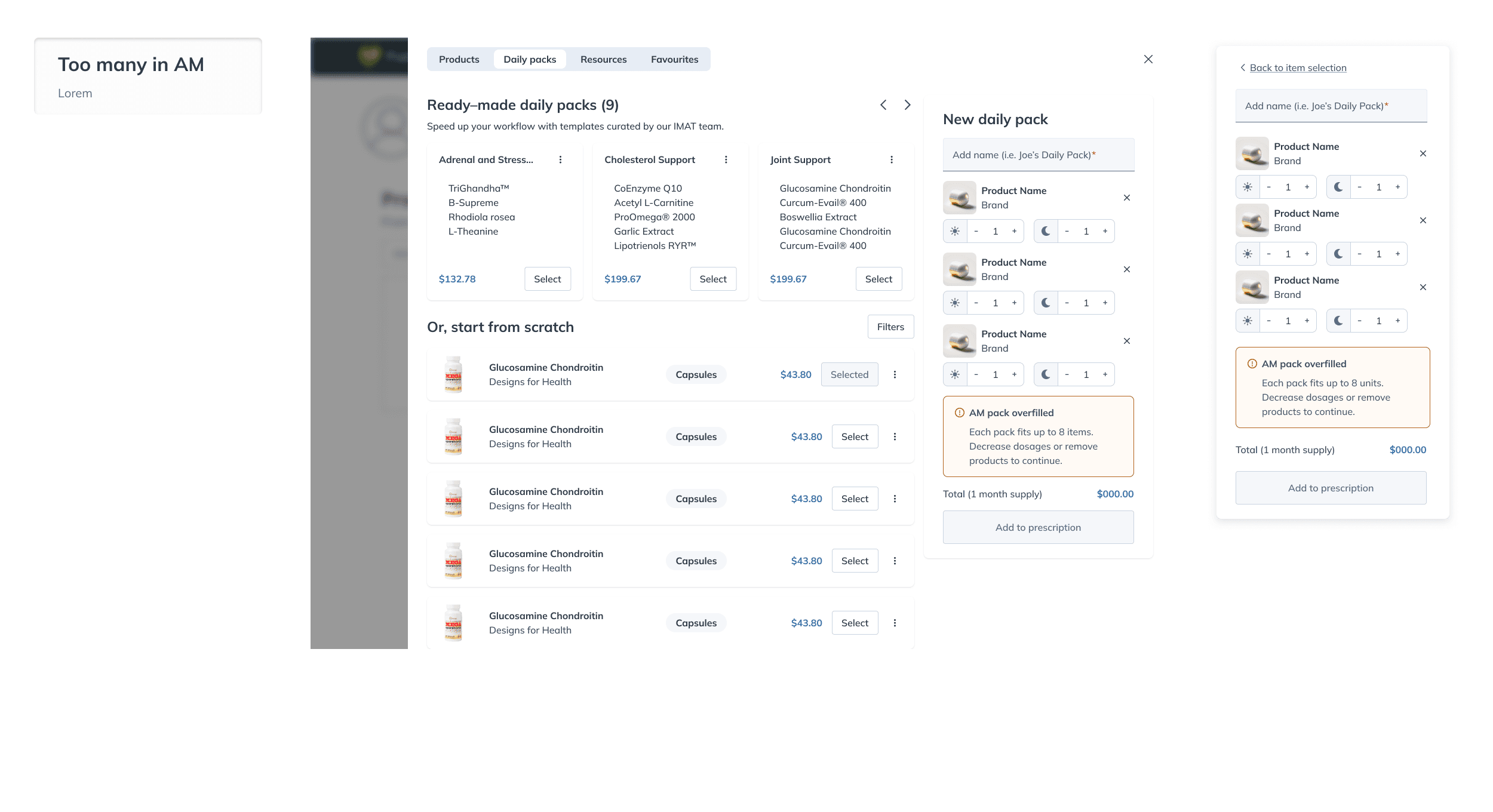 Daily pack builder: ready-made template carousel, start-from-scratch pill list, and a New daily pack panel showing an overfilled-pack warning