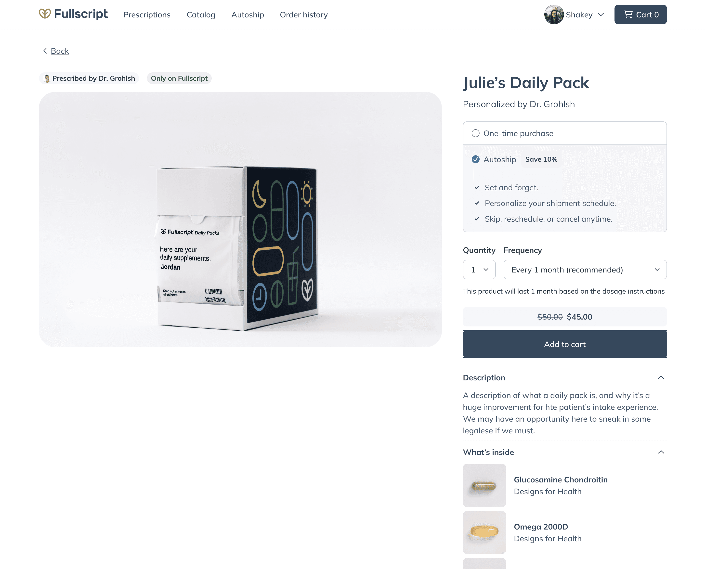 Patient product page for a personalized pack: practitioner attribution and Only on Fullscript tag above the box, with one-time and subscription pricing