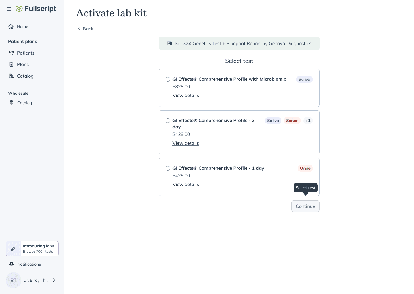 Kit activation screen where a practitioner selects the test for a stocked kit