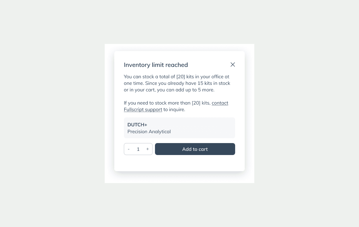 Inventory-limit modal explaining how many more kits a practitioner can stock