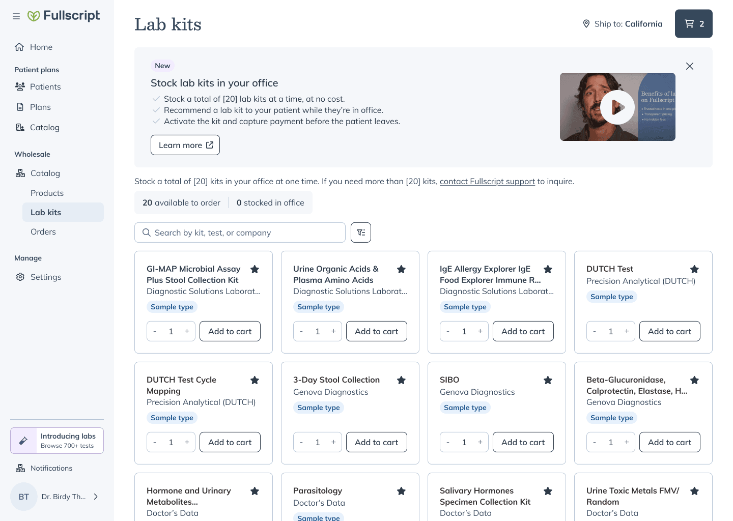 Wholesale lab-kit catalog with product cards and a stock-total counter
