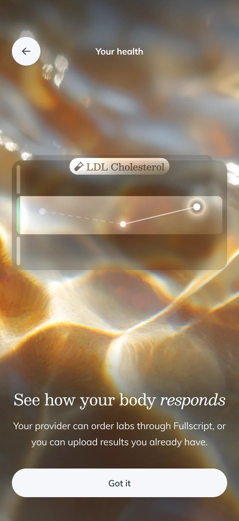 Labs education screen — an LDL cholesterol trend card floating over a water texture