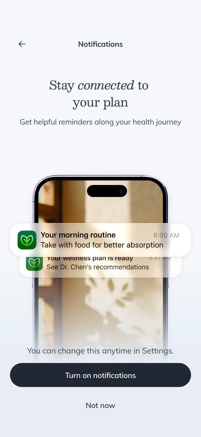 Notification permission screen — mock reminders shown in situ on a phone, 'Turn on notifications' and 'Not now' buttons