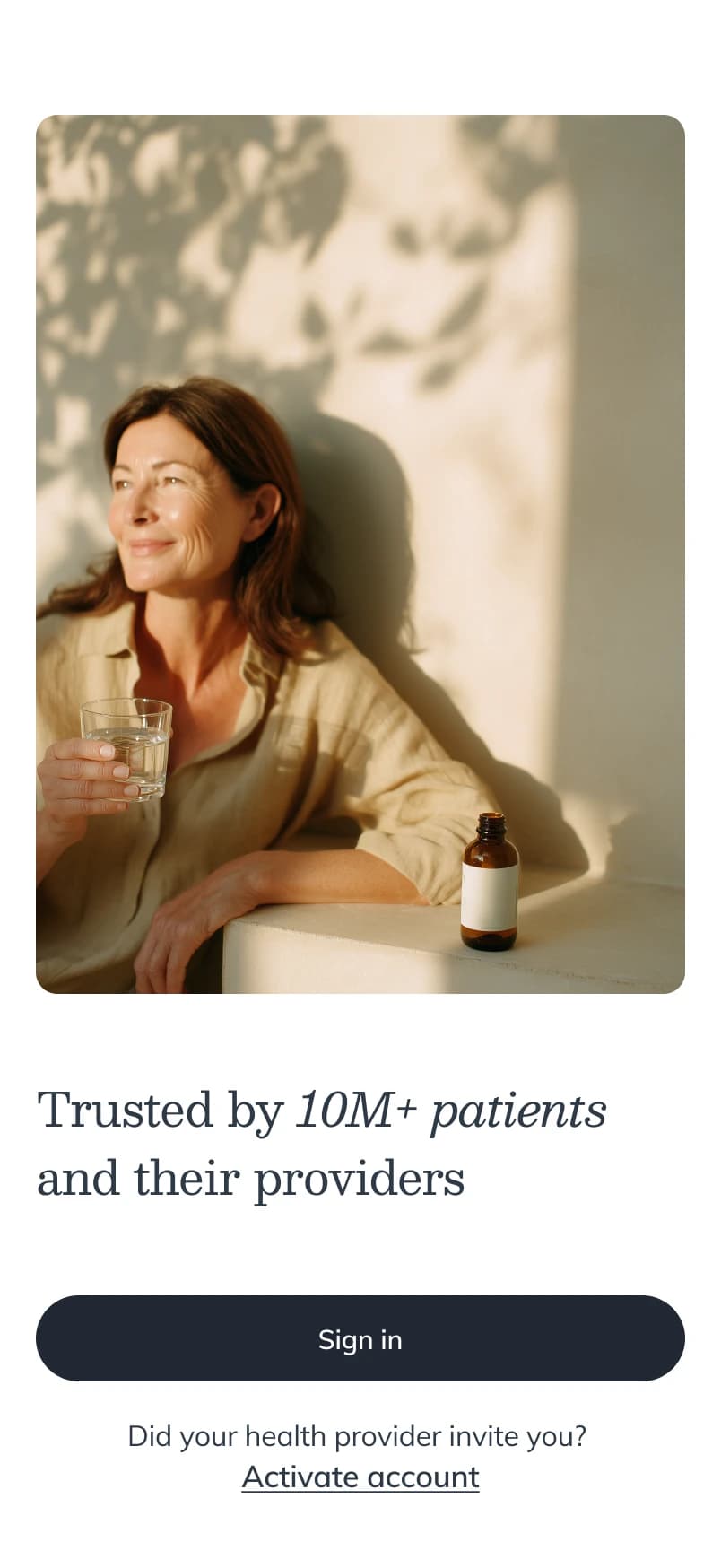 The new sign-in screen — a lifestyle photo and 'Trusted by 10M+ patients and their providers' above the sign-in button