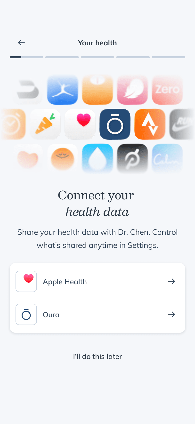 Wearable connection screen — Apple Health and Oura options beneath a cloud of health-app icons, addressed to the patient's own provider by name
